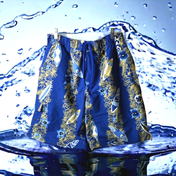 First Wave Hawaiian Print Retro Tropical Board Shorts Vacation Cruise Tropical L - Picture 1 of 14